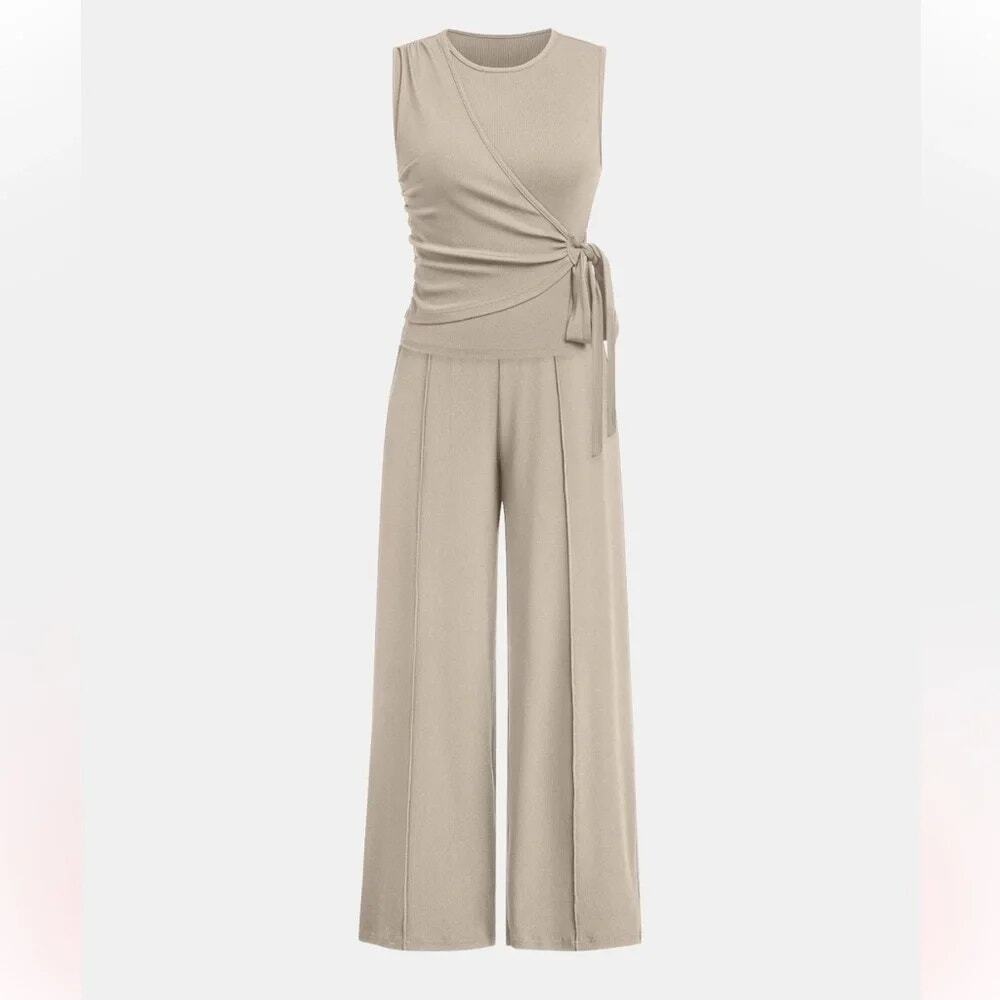 NWT Yozy Cream 2 Piece Tie Waist Top Wide Leg Pants Outfit Women's Size Large